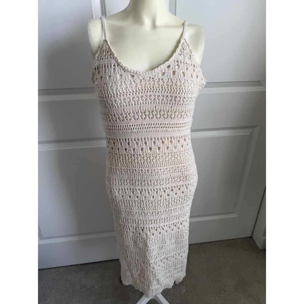 Boho Crochet Knit Midi Dress Ivory Cottagecore Coastal Cream Women's Large